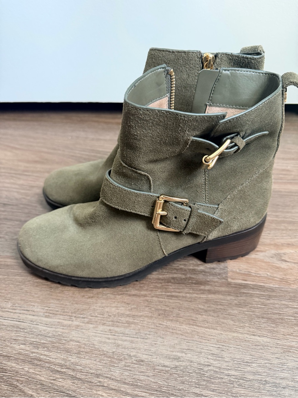Michael Kors Olive Green Suede Buckle Ankle Boots
